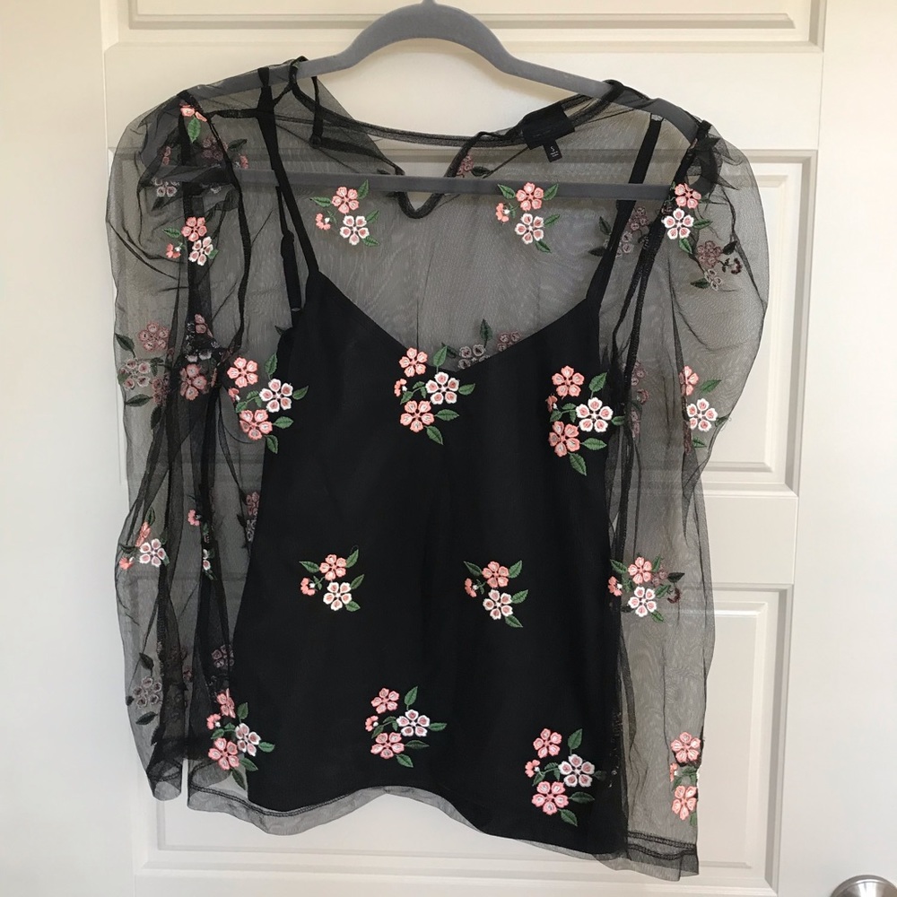 Black and floral sheer long sleeve top